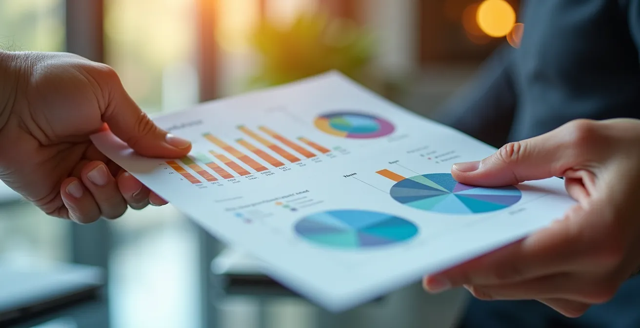 Mains tenant deux documents avec graphiques colorés abstraits représentant différentes performances