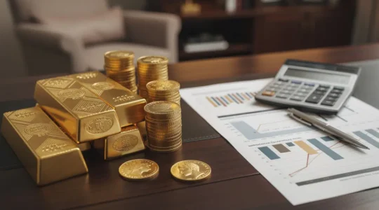 Vue d'ensemble d'un bureau avec lingots d'or et pièces Napoléon disposés sur une table en bois, calculatrice et documents financiers