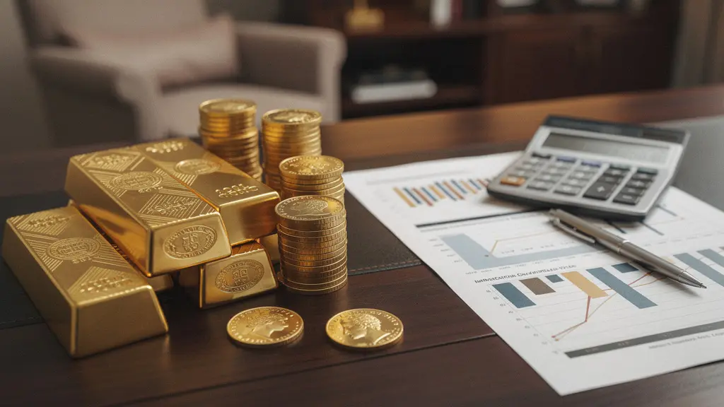 Vue d'ensemble d'un bureau avec lingots d'or et pièces Napoléon disposés sur une table en bois, calculatrice et documents financiers