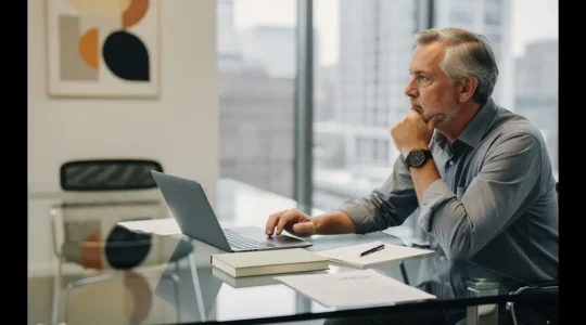 Investisseur en réflexion devant un tableau stratégique dans un bureau moderne