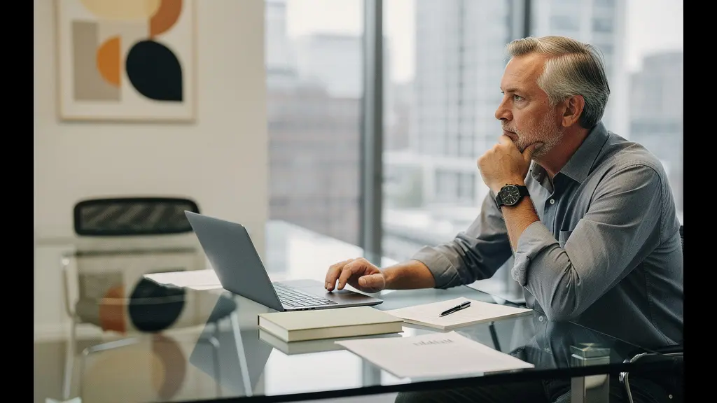 Investisseur en réflexion devant un tableau stratégique dans un bureau moderne