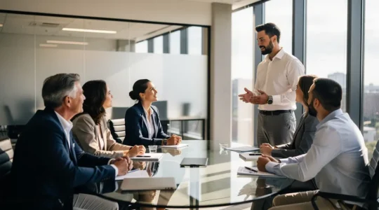 Réunion stratégique dans une PME moderne avec actionnaire minoritaire influent