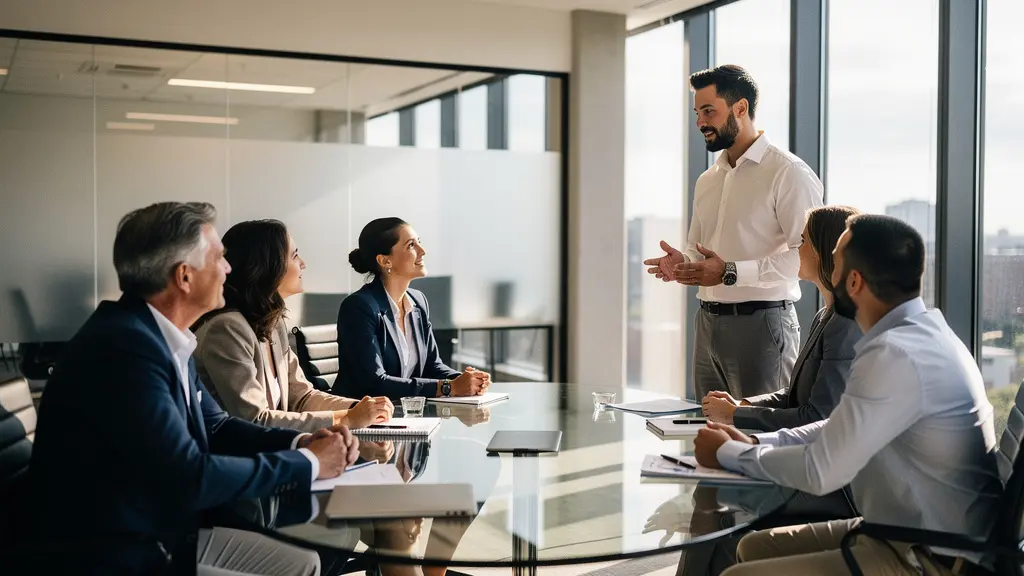 Réunion stratégique dans une PME moderne avec actionnaire minoritaire influent