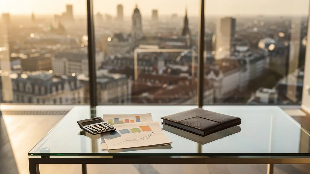 Bureau moderne avec documents financiers et calculatrice sur table en bois
