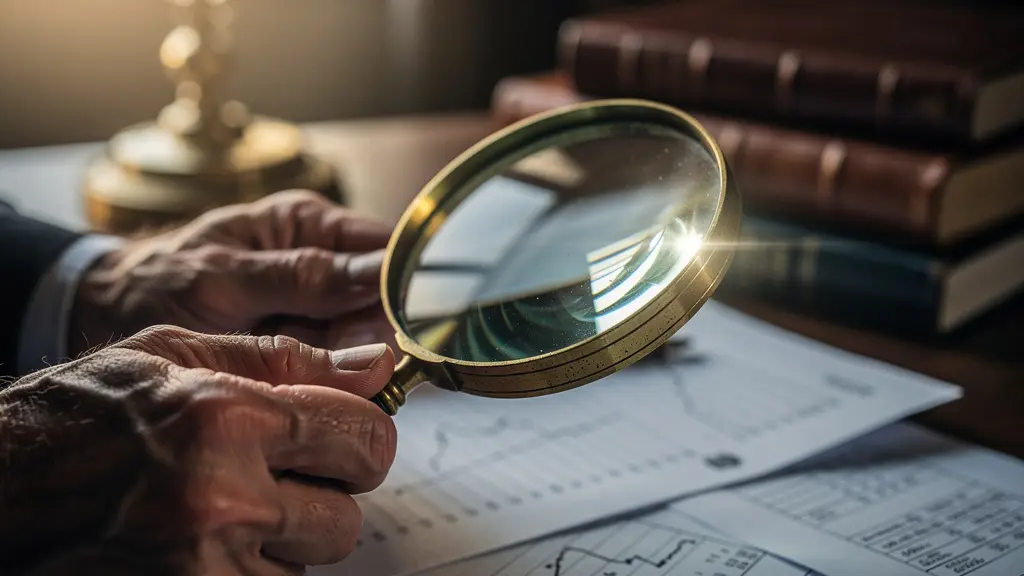 Métaphore visuelle du détective financier analysant des documents d'entreprise avec une loupe