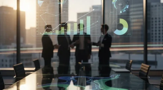 Scène d'analyse financière avec graphiques ascendants et documents d'investissement dans un bureau moderne