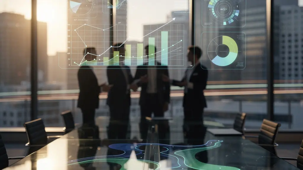 Scène d'analyse financière avec graphiques ascendants et documents d'investissement dans un bureau moderne