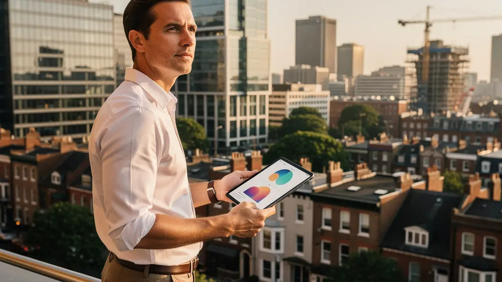 Analyseur immobilier évaluant un quartier urbain avec tablette numérique