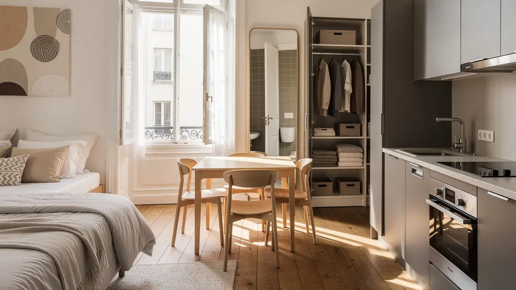 Vue d'ensemble d'un studio meublé conforme aux normes LMNP avec tous les équipements obligatoires