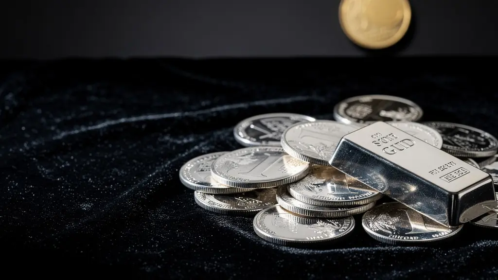 Pièces et lingots d'argent métal disposés sur une surface sombre avec reflets lumineux