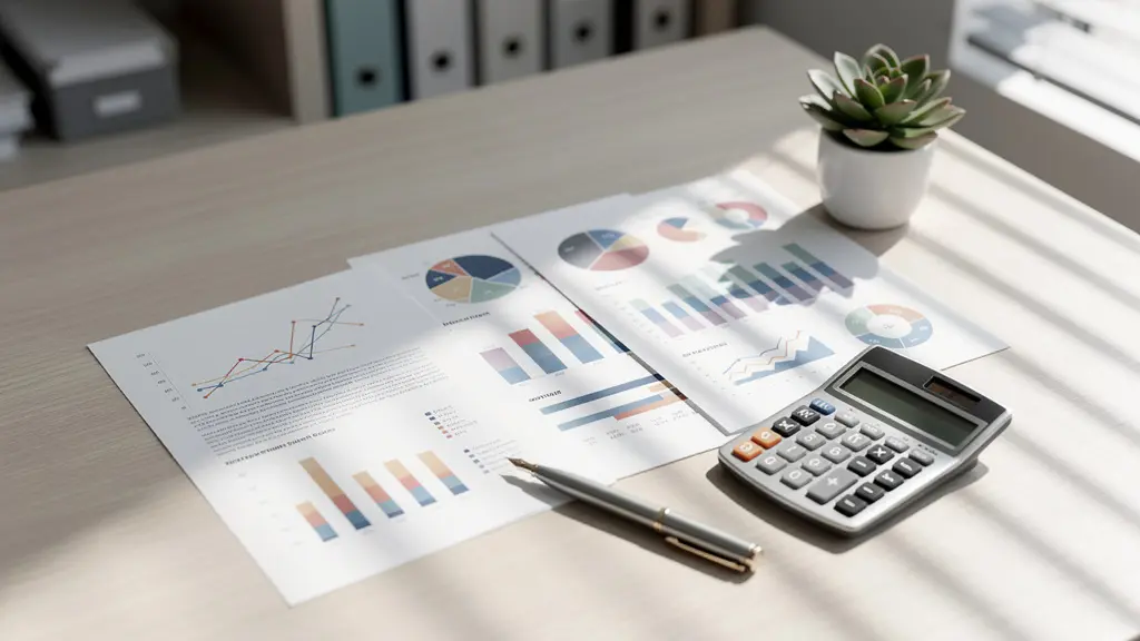Vue de bureau moderne avec documents financiers et calculatrice montrant stratégie d'optimisation patrimoniale