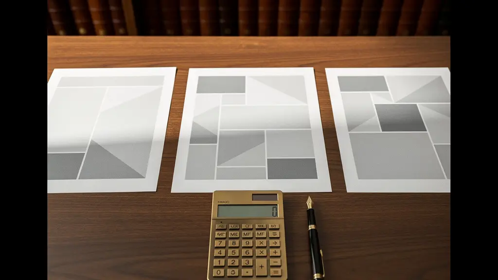 Vue aérienne d'un bureau notarié élégant avec documents patrimoniaux et calculatrice sur table en bois noble