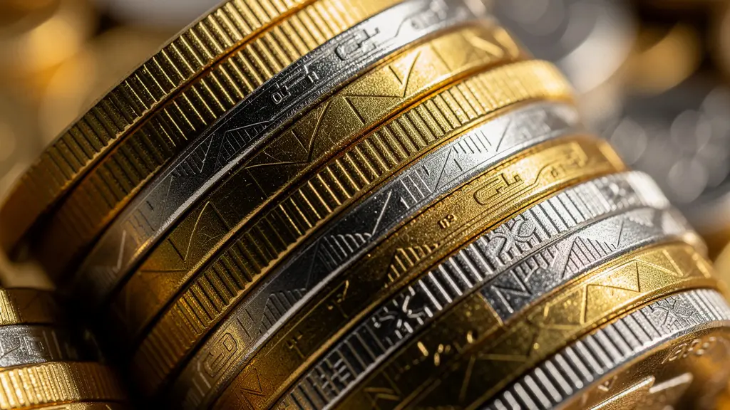 Vue macro de pièces empilées avec effets de lumière dorée