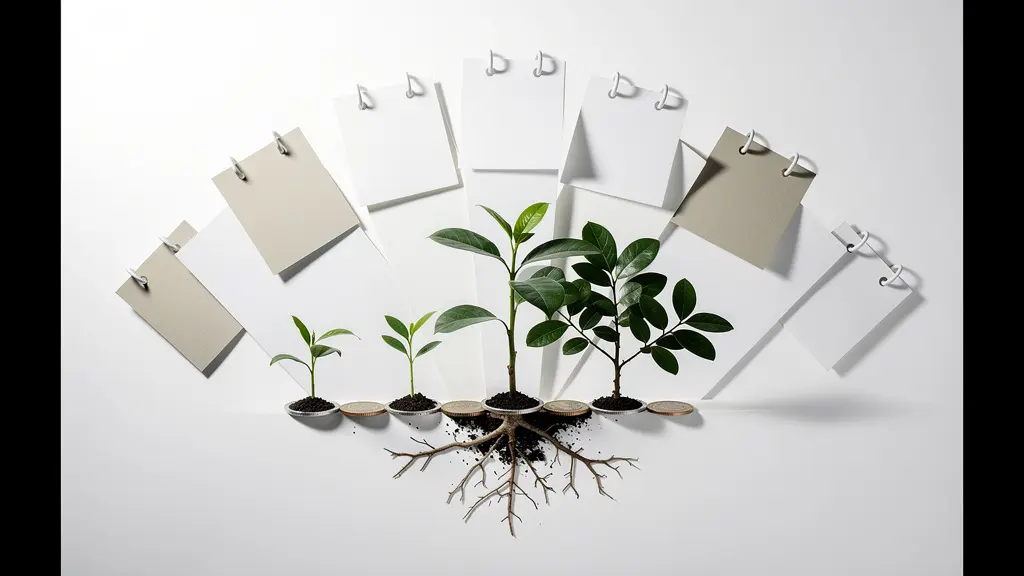 Calendrier abstrait avec symboles de croissance patrimoniale sur fond épuré