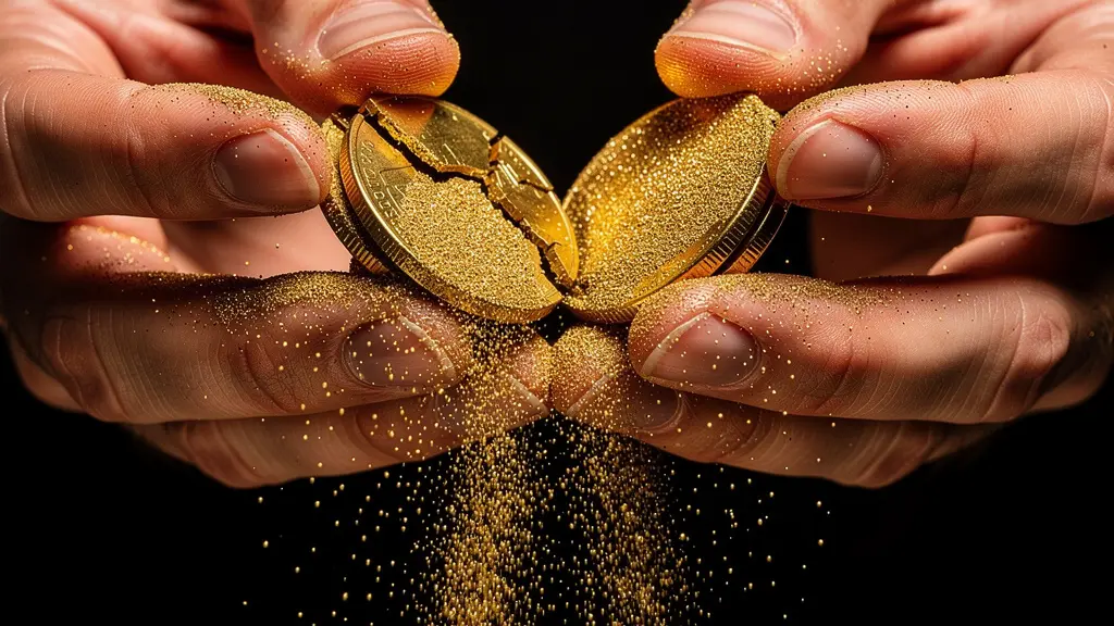 Pièces d'or s'effritant progressivement en sable doré qui s'écoule entre des doigts