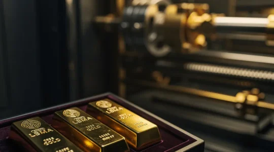 Lingots d'or certifiés LBMA dans un coffre-fort sécurisé avec certificats et éclairage professionnel