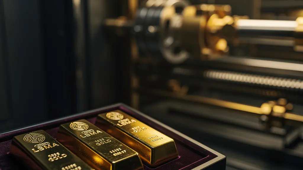 Lingots d'or certifiés LBMA dans un coffre-fort sécurisé avec certificats et éclairage professionnel
