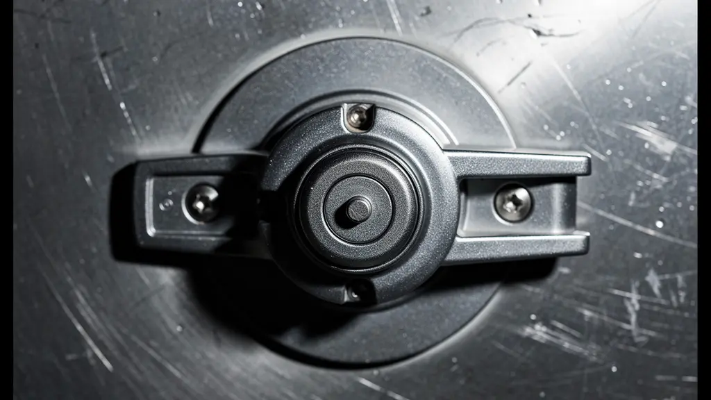 Gros plan macro sur la surface texturée d'un coffre-fort en acier brossé avec jeu d'ombres et de lumières