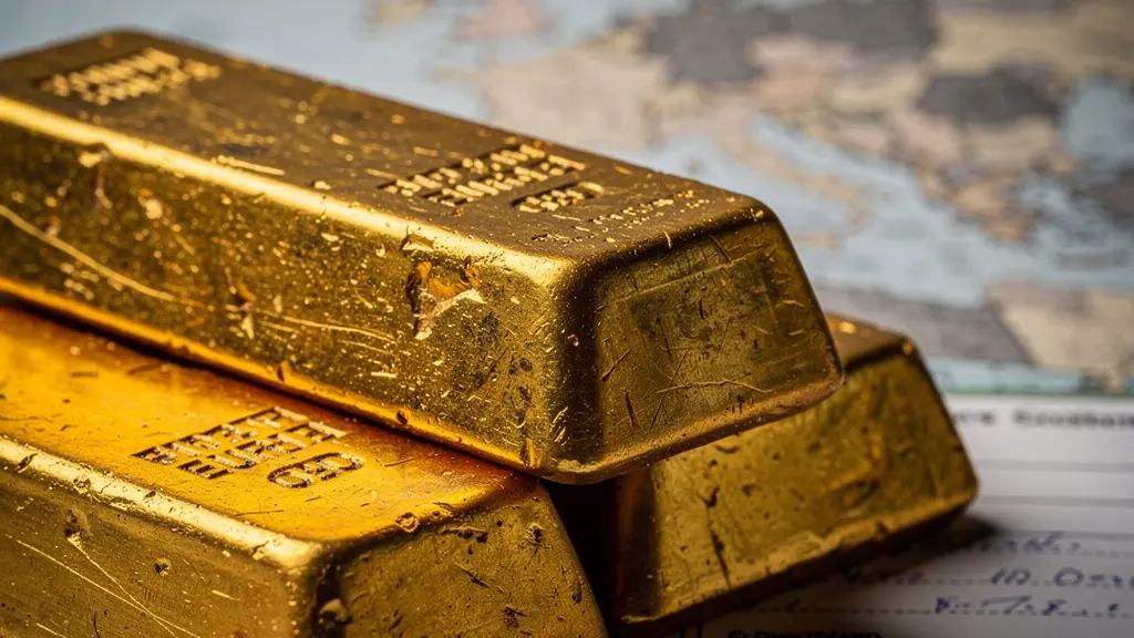 Bureau avec carte européenne, lingots d'or et documents douaniers disposés de manière symbolique