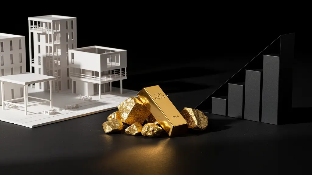 Composition symbolique montrant trois éléments représentant l'immobilier, l'or et le private equity