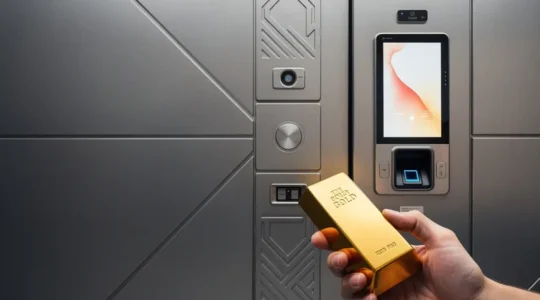 Vue en contre-plongée d'une entrée de chambre forte moderne avec système biométrique et une main tenant un lingot d'or