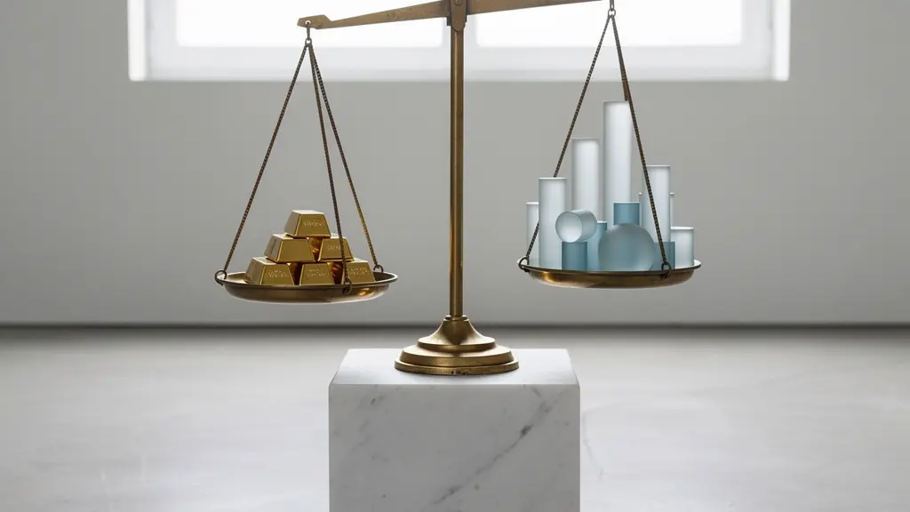 Balance symbolique comparant des lingots d'or d'un côté et des graphiques financiers abstraits de l'autre