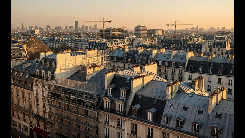 Vue aérienne d'un quartier historique français en rénovation avec des bâtiments anciens et modernes
