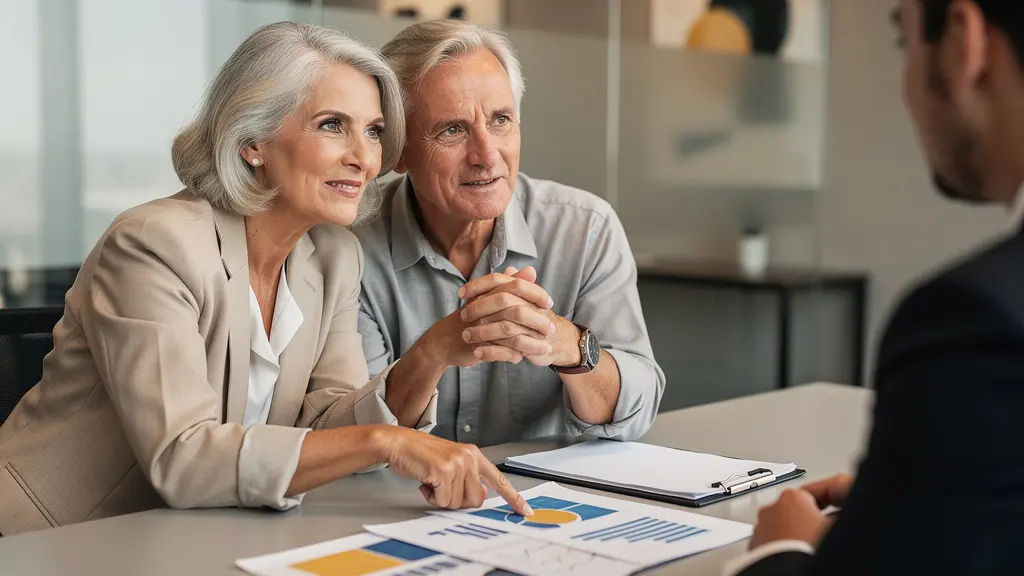 Couple senior consultant ensemble des documents patrimoniaux dans un cabinet lumineux