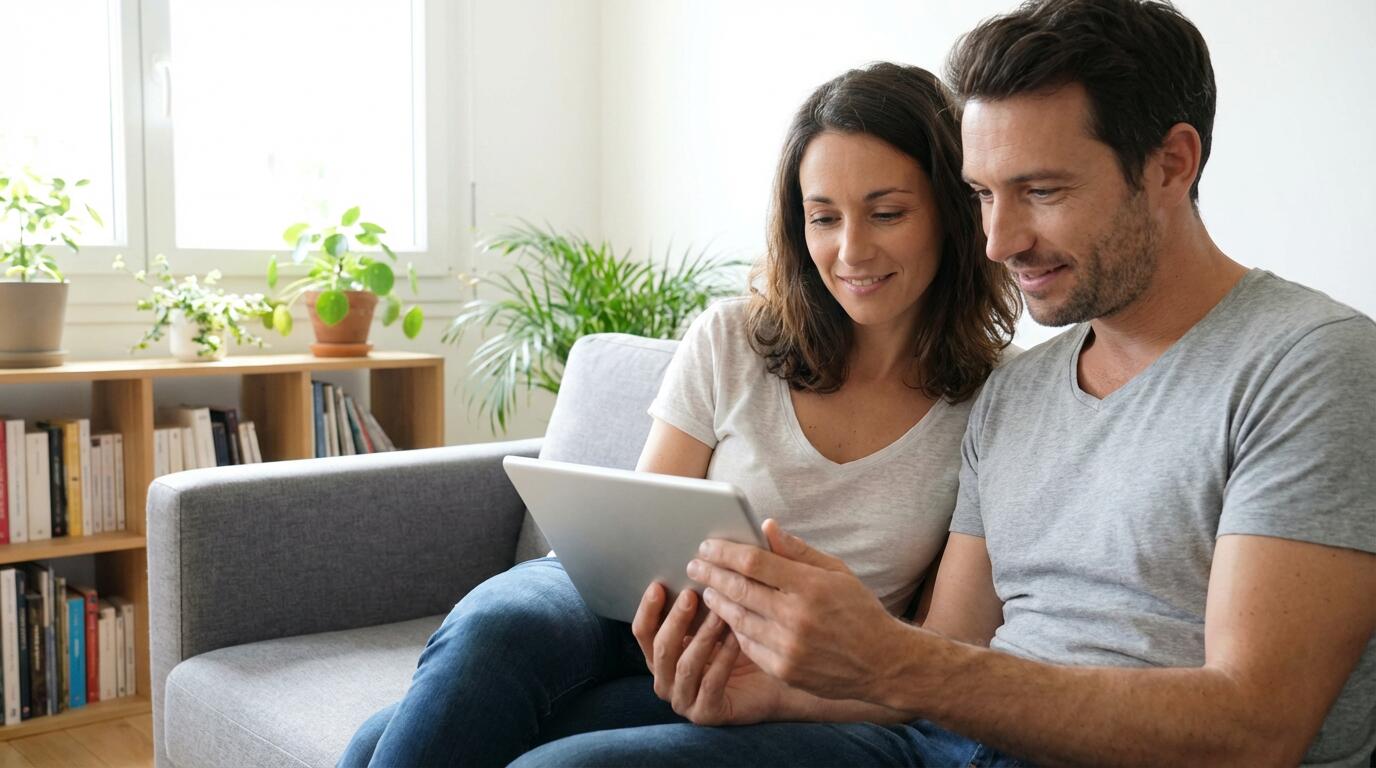 Couple français consultant une tablette dans un salon lumineux pour un investissement SCPI