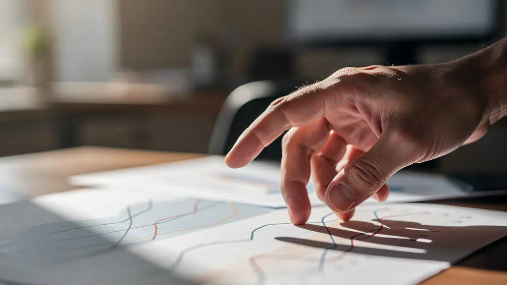 Métaphore visuelle du risque du market timing avec une main hésitant au-dessus d'une courbe boursière abstraite.