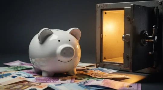Tirelire en forme de cochon avec billets euros et coffre-fort symbolisant l'épargne de précaution