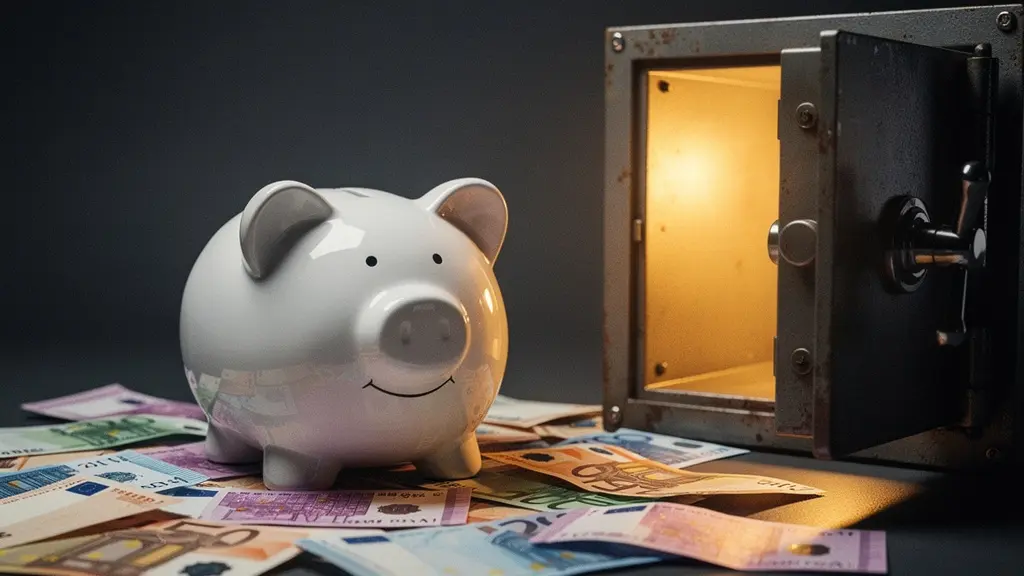 Tirelire en forme de cochon avec billets euros et coffre-fort symbolisant l'épargne de précaution