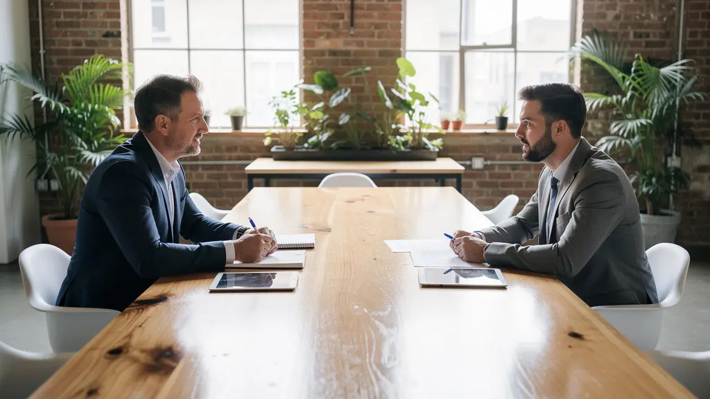 Deux professionnels collaborant autour d'une table de travail dans un espace lumineux, symbolisant l'équilibre entre l'investisseur et l'entrepreneur.