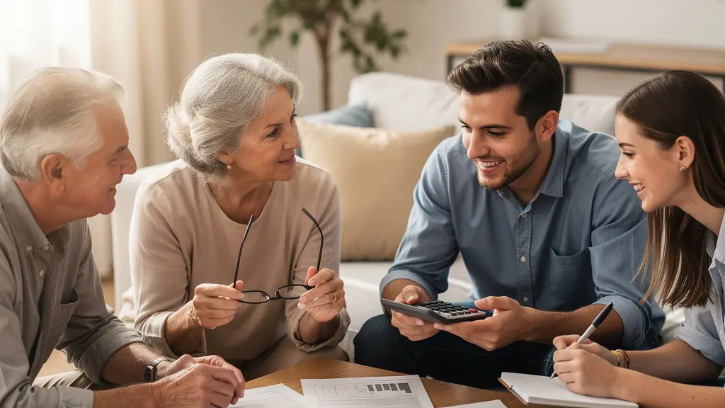 Une famille réunie autour d'une table basse en train de planifier leur épargne ensemble