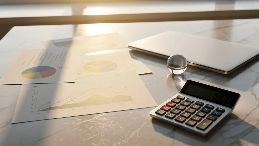 Bureau moderne avec calculatrice, documents fiscaux et graphiques de rendement