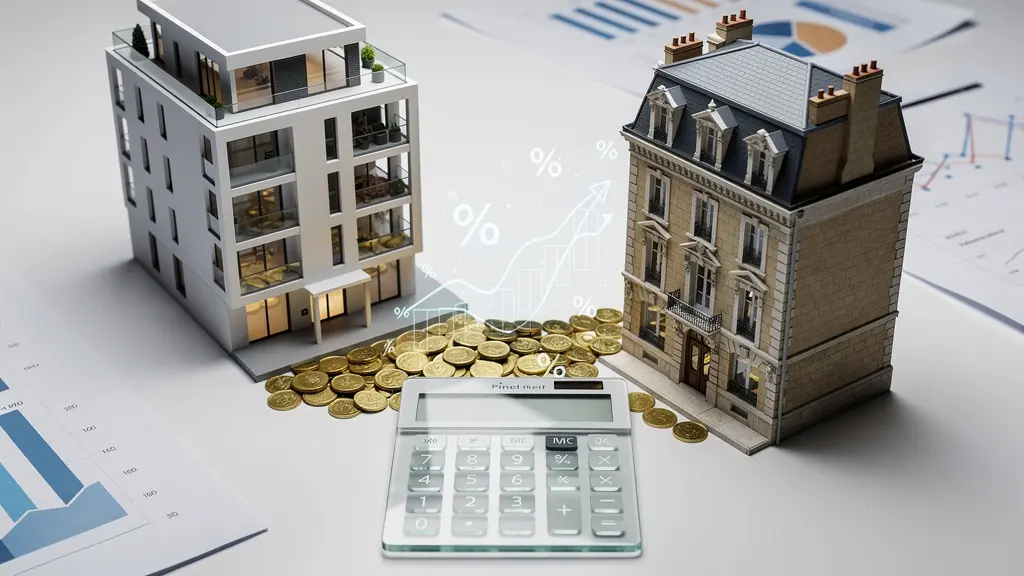 Analyse financière comparant l'investissement immobilier Pinel dans le neuf et l'ancien avec calculatrice, graphiques et maquettes de bâtiments