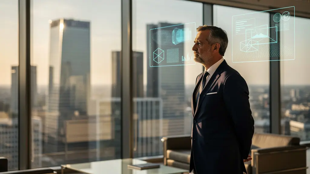 Investisseur analysant des données de startup deeptech avec visualisations de graphiques et technologies innovantes