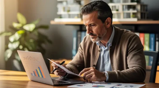 Investisseur consultant des documents fiscaux et des graphiques de rentabilité dans un bureau moderne