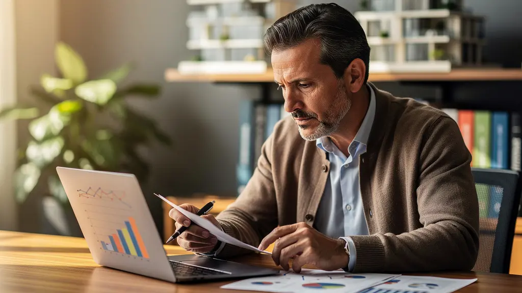 Investisseur consultant des documents fiscaux et des graphiques de rentabilité dans un bureau moderne