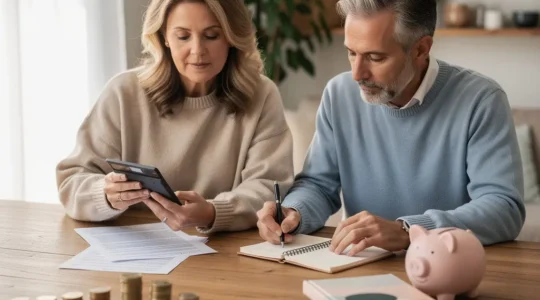 Couple analysant des documents financiers avec calculatrice et pièces de monnaie sur une table en bois