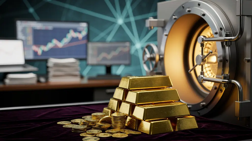 Lingots d'or et pièces dans un coffre-fort bancaire ouvert avec documents financiers flous en arrière-plan