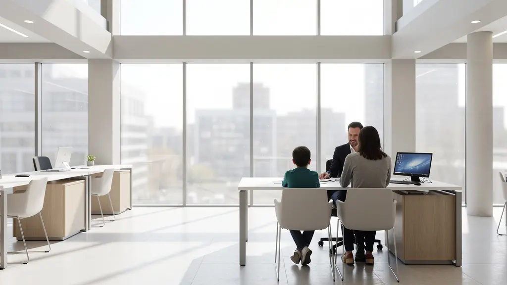 Parent et enfant dans un bureau bancaire lors de l'ouverture d'un compte épargne