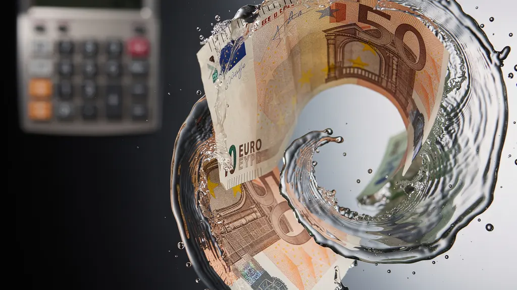 Billets d'euros partiellement dissous dans une spirale d'eau tourbillonnante, avec une calculatrice floue en arrière-plan