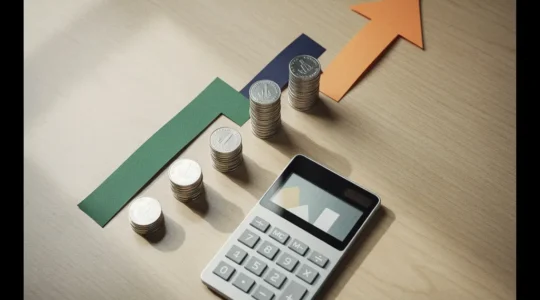 Vue en plongée d'un bureau minimaliste avec calculatrice, graphiques de croissance et pièces empilées symbolisant l'épargne salariale