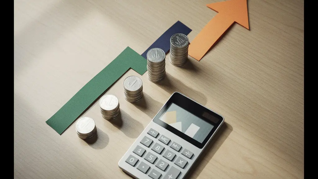 Vue en plongée d'un bureau minimaliste avec calculatrice, graphiques de croissance et pièces empilées symbolisant l'épargne salariale