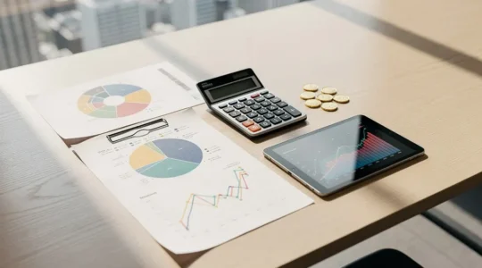 Vue aérienne d'un bureau moderne avec documents financiers, calculatrice et graphiques de diversification d'actifs