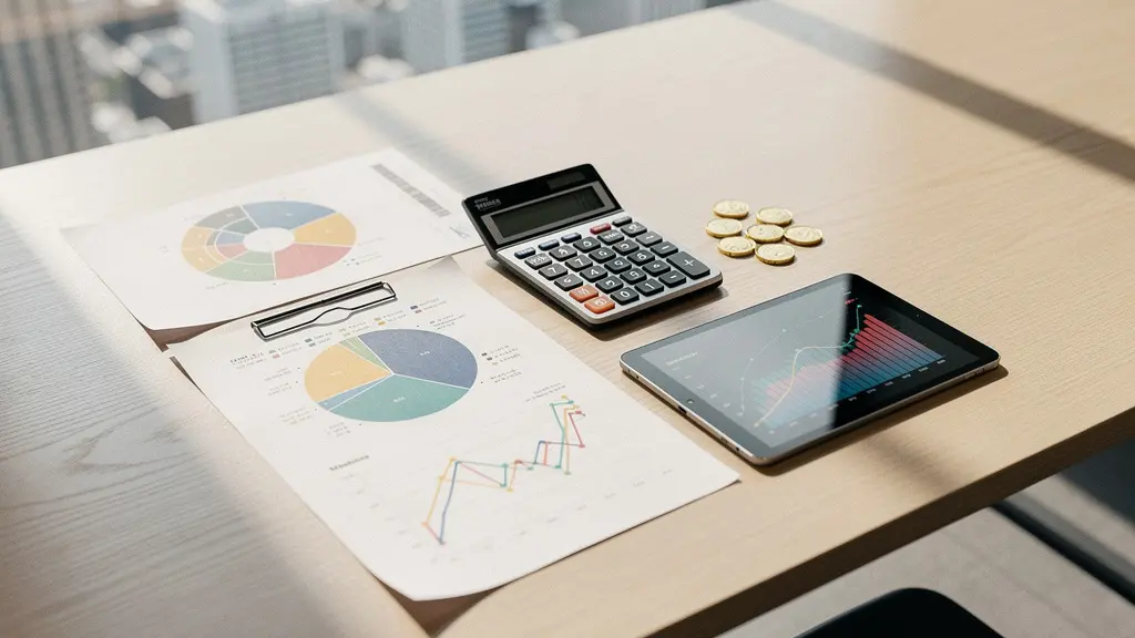 Vue aérienne d'un bureau moderne avec documents financiers, calculatrice et graphiques de diversification d'actifs