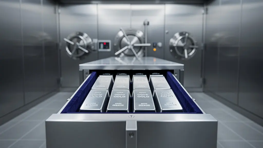 Vue intérieure d'un coffre-fort professionnel avec lingots d'argent sécurisés