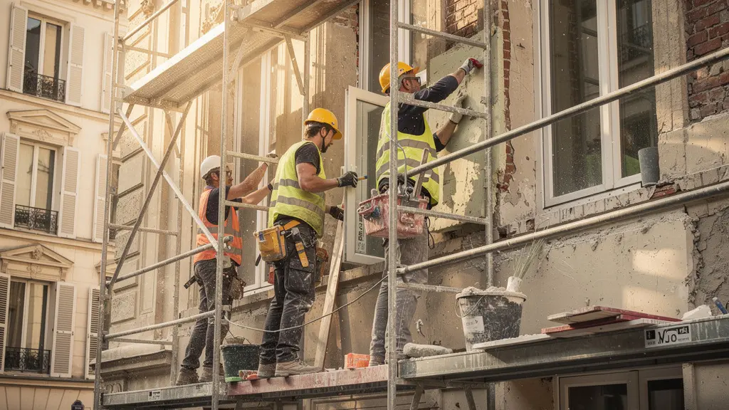 Immeuble ancien en cours de rénovation avec échafaudages