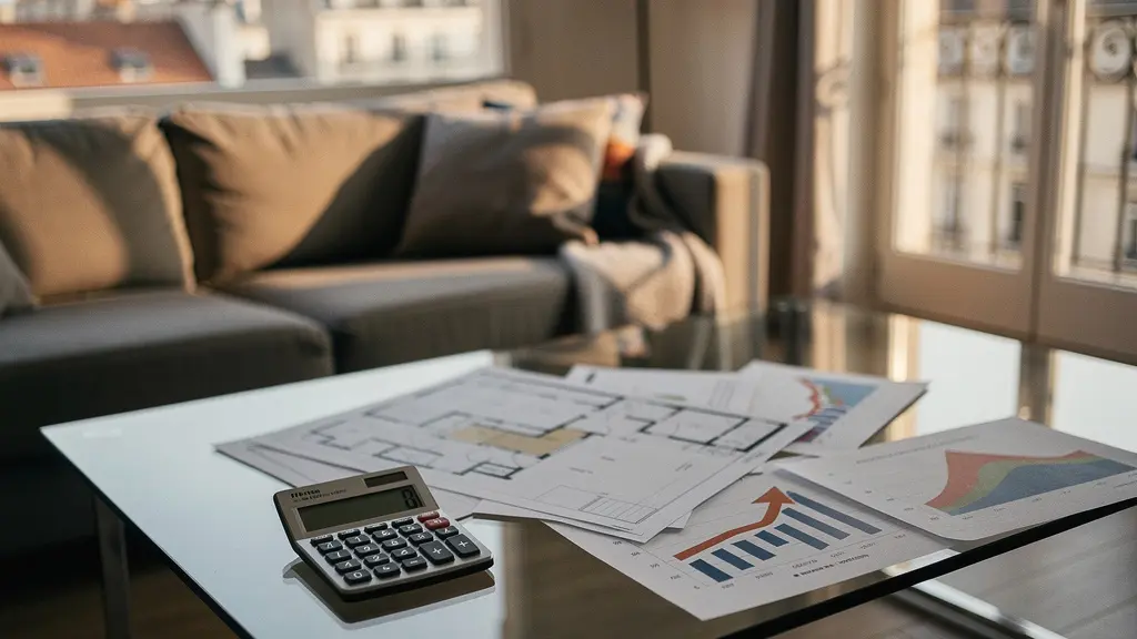 Appartement moderne avec balcon dans immeuble de ville moyenne, calculatrice et documents financiers sur table en premier plan